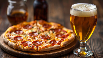 Pizza with salami and cheese on a wooden table with beer generativa IA