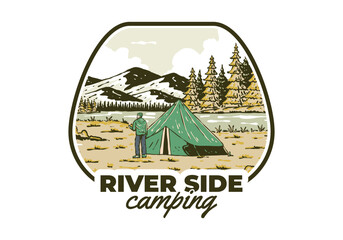 River side camping. Vintage outdoor illustration badge