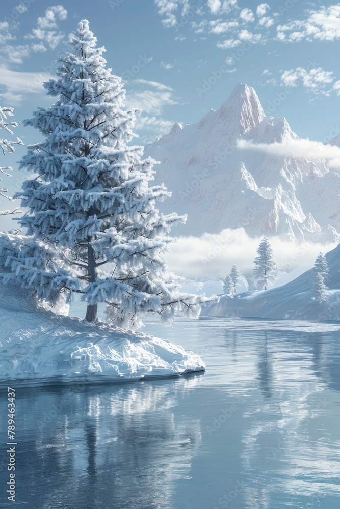 Poster a beautiful snowy mountain with a serene lake in the foreground. perfect for nature and travel conce
