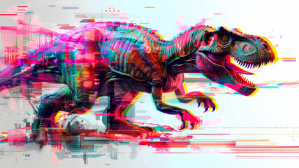Playful dinosaur in a digital glitch art style, featuring distorted shapes, pixelation, and vibrant glitch effects,generative ai