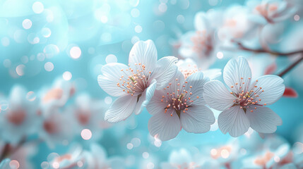 A photo of white cherry blossoms with delicate petals and pink buds, against an ethereal blue background filled with soft bokeh lights. Created with Ai