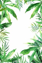 Fototapeta na wymiar A beautiful watercolor painting of a frame made up of tropical leaves. Perfect for adding a touch of nature to any project