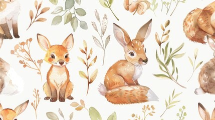 Naklejka premium A cute and colorful pattern of foxes and other animals. Perfect for children's designs or nature-themed projects