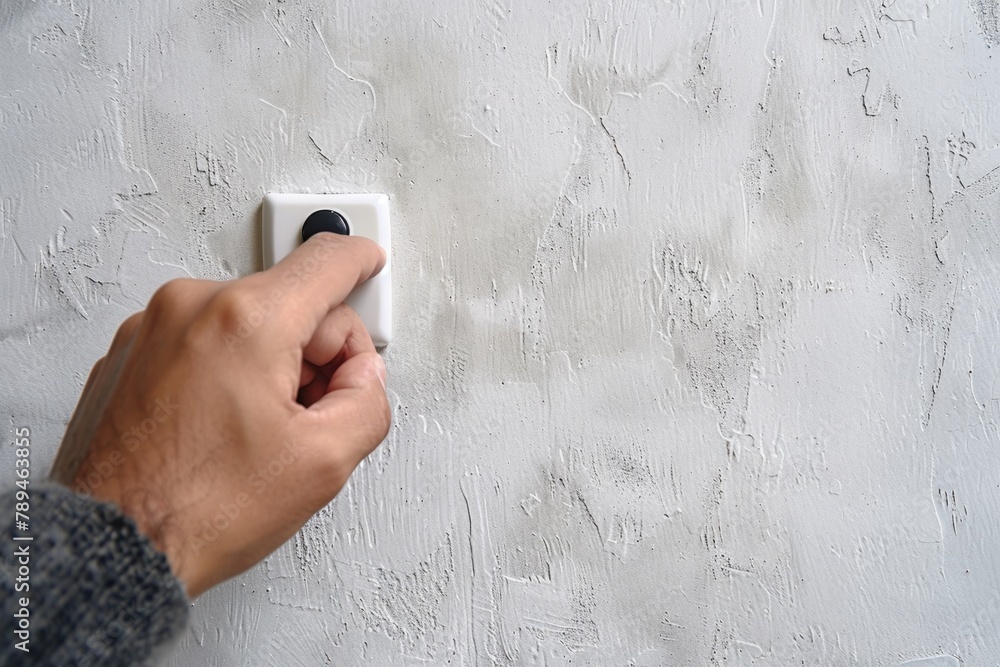 Poster person pressing a button on a wall, suitable for technology concepts