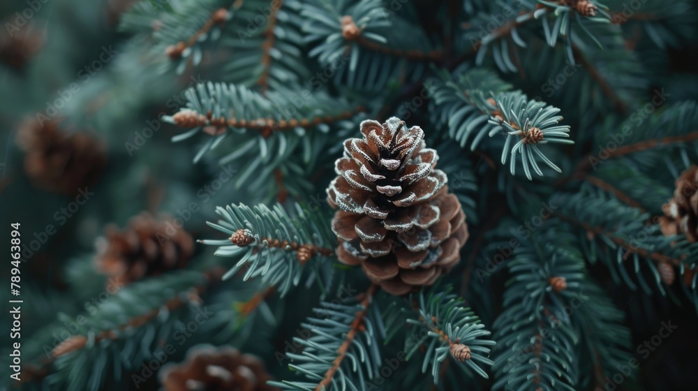 Poster a detailed view of a pine cone on a tree. perfect for nature backgrounds
