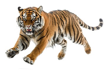 a tiger pounce with sharp claws and roared isolated on white background 