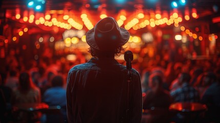 Fototapeta premium The Comedy Routine, bustling comedy club, a stand-up comedian, and clever punchlines, leave the audience roaring with laughter, Generated AI.