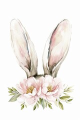 Obraz premium Watercolor painting of bunny ears with delicate flowers, perfect for Easter or nature-themed designs