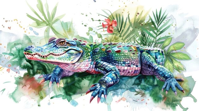 Vibrant watercolor painting of a colorful alligator. Ideal for educational materials or wildlife-themed designs