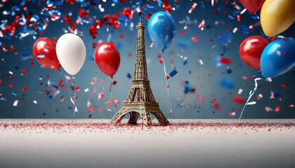 text rendering 3D confetti tower background illustration decoration space copy Day eiffel Bastille balloon Happy independence 14 three-dimensional abstrac