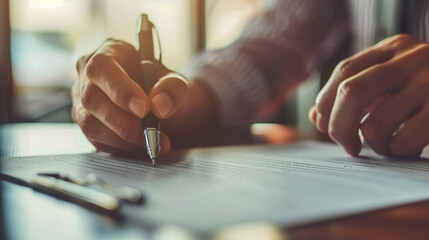 Close-up of hands holding a pen and signing a contract, Concept of agreement, business transactions and legal obligations.