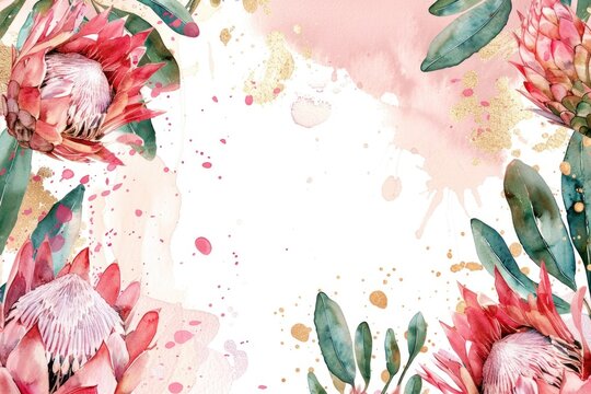 Beautiful watercolor painting of pink proteas and green leaves. Perfect for home decor or floral themed designs