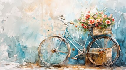 Fototapeta na wymiar A charming painting of a bicycle with a basket full of flowers. Ideal for adding a touch of whimsy to any space
