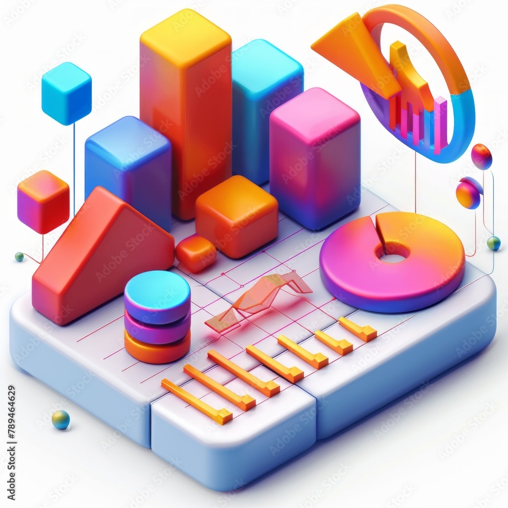 Poster vibrant data analytics concept illustration with colorful graphs.