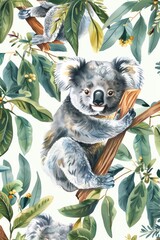 Obraz premium Watercolor painting of a cute koala bear on a tree branch. Perfect for nature lovers and wildlife enthusiasts