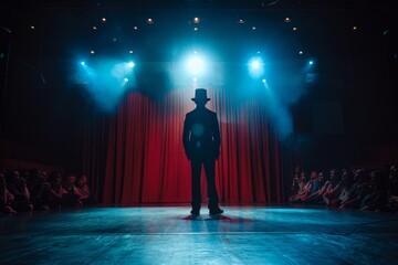 Man standing on a stage with a hat on. Magician concept background  - obrazy, fototapety, plakaty