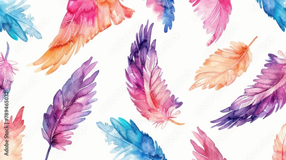 Poster Colorful feathers arranged in a pattern on a white background. Suitable for various design projects