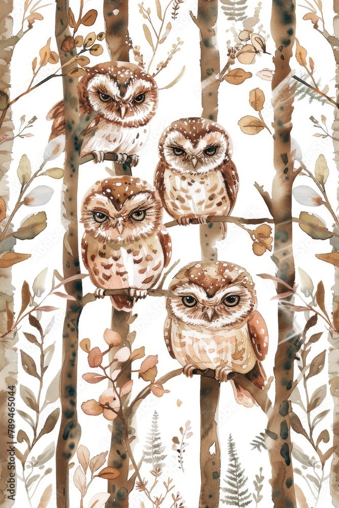 Poster group of owls sitting on top of a tree. suitable for nature and wildlife themes