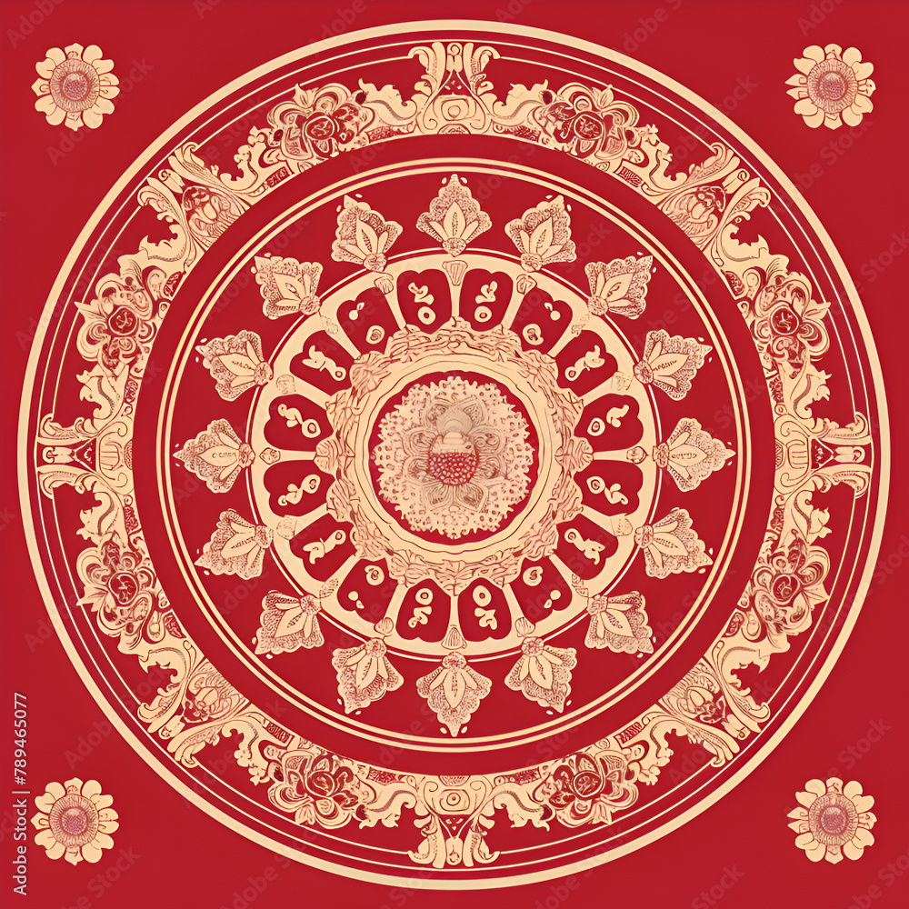 Poster a red and white design with a flowery pattern. the design is circular and has a lot of detail. gener