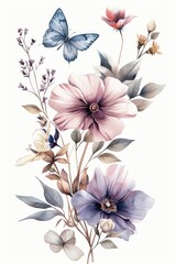 Colorful painting of flowers and butterflies on a white background. Perfect for spring-themed designs