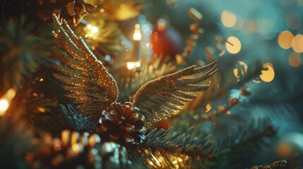 Fototapeta premium A beautiful gold angel ornament hanging on a festive Christmas tree. Perfect for holiday decorations