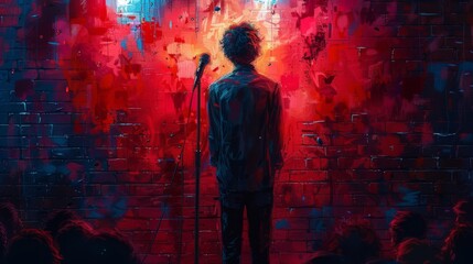 The Comedy Routine, bustling comedy club, a stand-up comedian, and clever punchlines, leave the audience roaring with laughter, Generated AI.