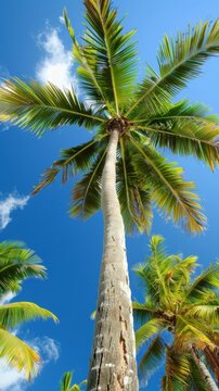 Tall palm tree with a white trunk. Summer travel background. Vertical background 