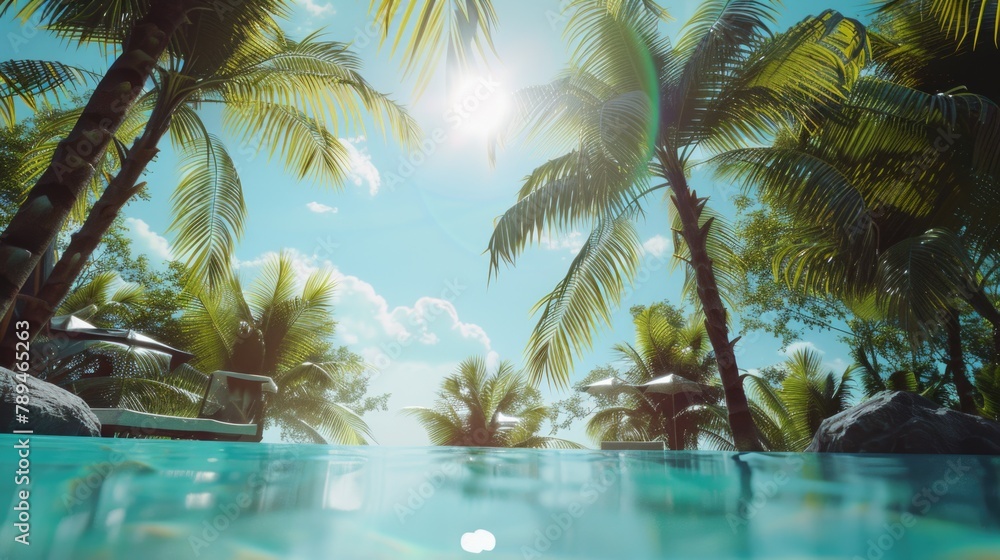 Poster Bright sunlight filtering through tropical palm trees. Suitable for travel and nature concepts