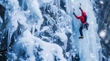 Fotobehang Climber Ascending a Frozen Waterfall. Generative ai © Scrudje
