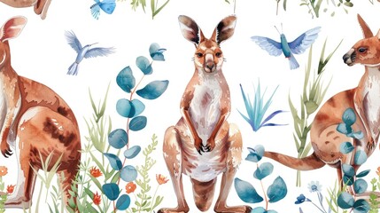 Colorful watercolor painting of kangaroos and birds on a white background. Perfect for nature-themed designs