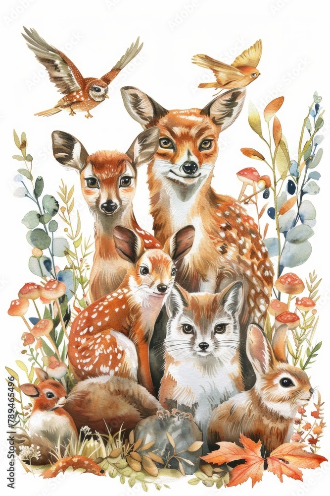 Canvas Prints Various animals and birds in a natural field setting. Suitable for wildlife and nature themes