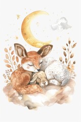 Naklejka premium A beautiful watercolor painting of a fox and a lamb. Perfect for nature and animal lovers