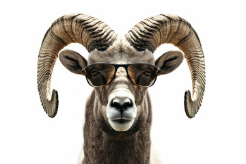 front view of bighorn sheep head with sunglasses isolated on a white background