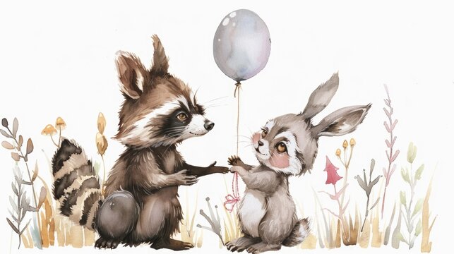 Cute painting of a raccoon and a rabbit holding a balloon, perfect for children's illustrations or greeting cards