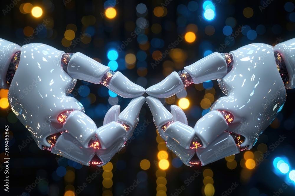 Poster two robots with illuminated joints touching fingers