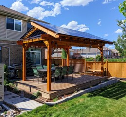 Fototapeta na wymiar A wooden deck with an attached arbor and roof on the side, patio cover installation, full view of backyard in Colorado