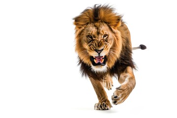 a lion pounce with sharp claws and roared isolated on white background 
