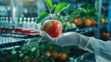 close up hand scientist hold apple in technology laboratory. GMO and laboratory studies, vegetable, laboratory, biology, science, agriculture, chemical, research, modification - obrazy, fototapety, plakaty