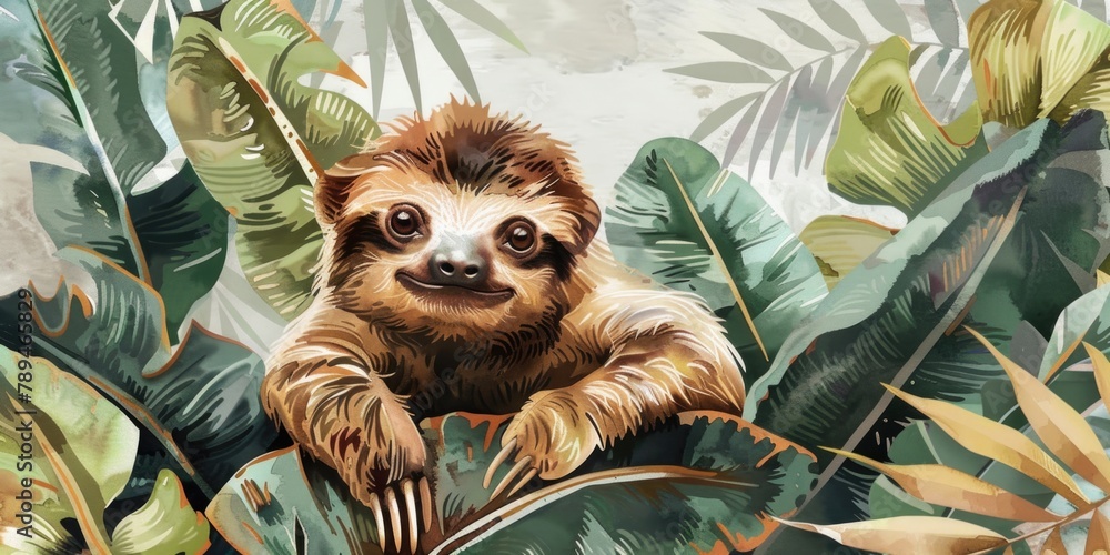 Poster a sloth peacefully resting in a tree. ideal for nature and wildlife concepts