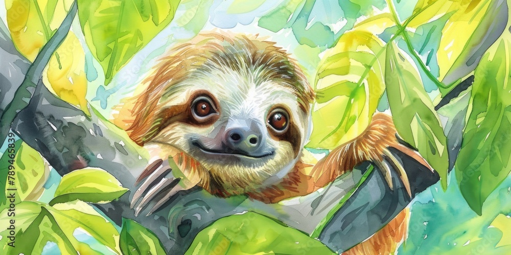 Poster a cute sloth hanging from a tree branch. suitable for nature and animal themes