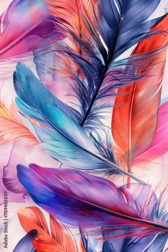 Poster vibrant feathers in close up view, perfect for design projects