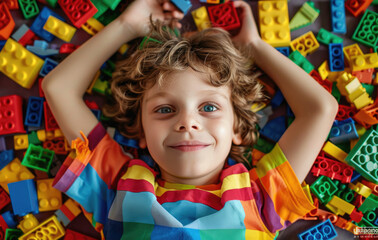 Fototapeta na wymiar A little boy wearing colorful is lying on the floor with his hands behind his head, surrounded by Lego blocks of various colors and shapes