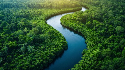 Fototapeta na wymiar Aerial view of a winding river cutting through a dense, lush forest, showcasing nature's intricate patterns. 