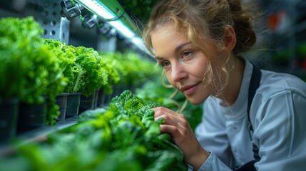 Fototapeta premium Female engineer working in the vegetable factory and digital technology concept. Industrial internet of things. IIoT. Factory automation. Smart factory
