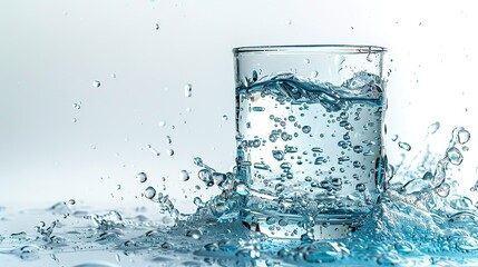 Fresh, sparkling water pouring into a glass, isolated on a white background with space for text. 