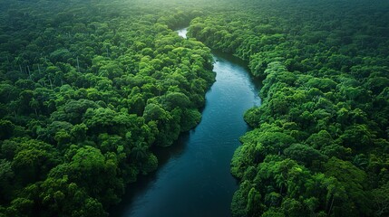Fototapeta premium Aerial view of a winding river cutting through a dense, lush forest, showcasing nature's intricate patterns. 