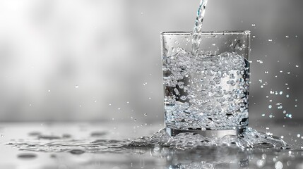 Fresh, sparkling water pouring into a glass, isolated on a white background with space for text. 