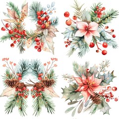 Fototapeta na wymiar A set of four beautiful watercolor Christmas wreaths. Perfect for holiday decorations