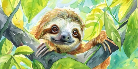 Obraz premium A cute sloth hanging from a tree branch. Suitable for nature and animal themes