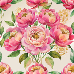A watercolor seamless pattern of a bouquet of pink flowers with a gold leaf. The flowers are arranged in a vase and the leaves are green.
